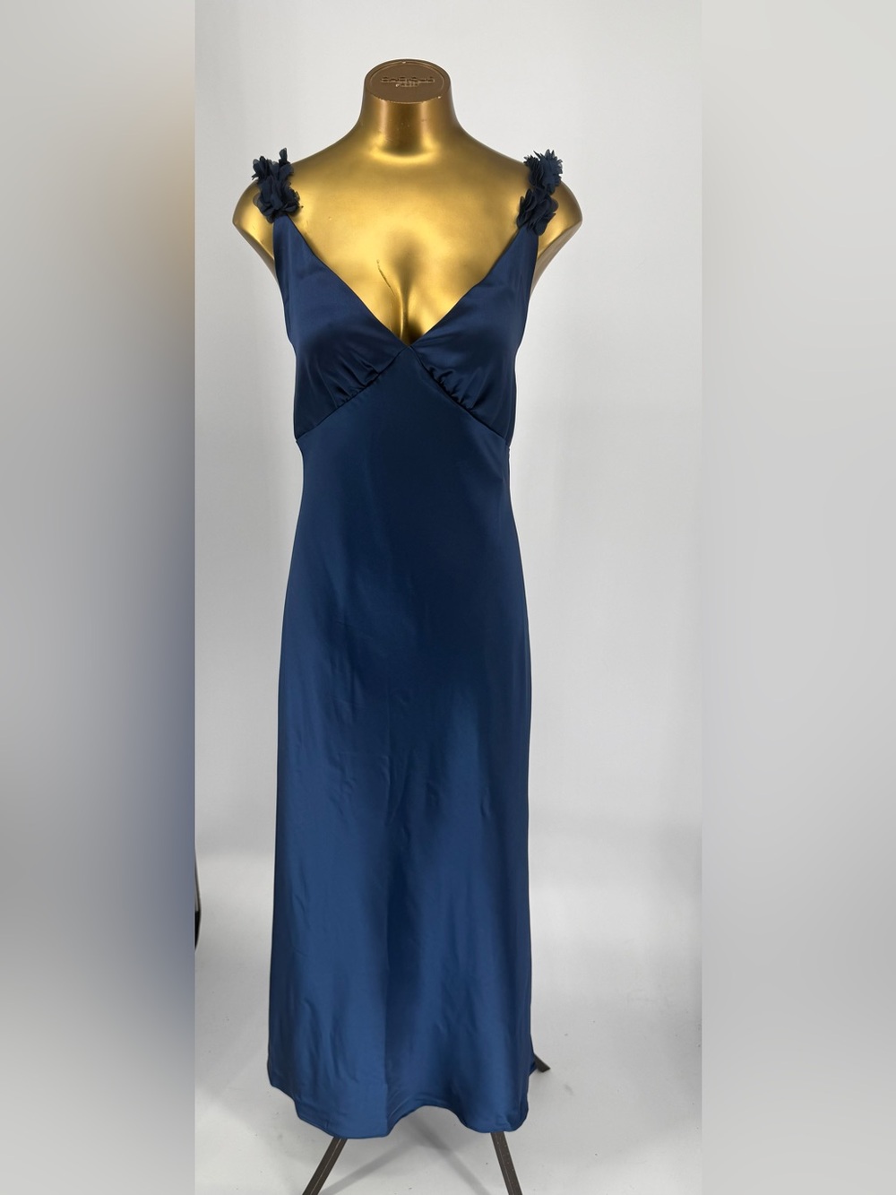 NWT PHICIA Navy Satin Maxi Slip Dress with Floral Strap Detail